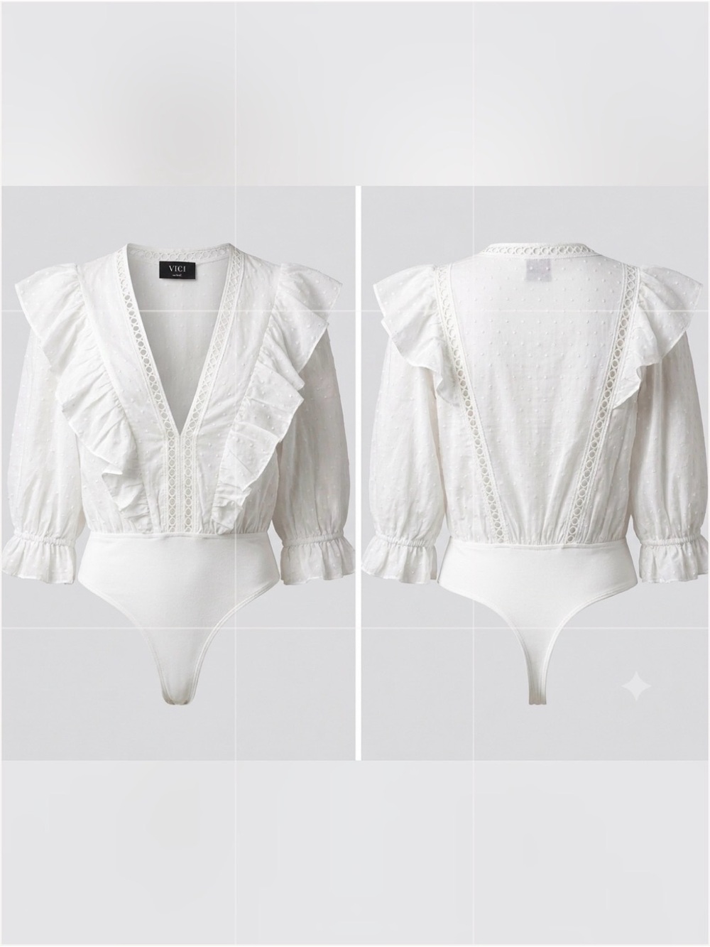 Vici White Swiss Dot Ruffle Puff Sleeve Bodysuit - Large